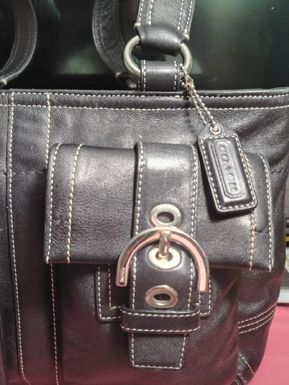 Vintage Coach Soho Big Buckle Satchel Black Leather Tote Bag Pockets-iconic